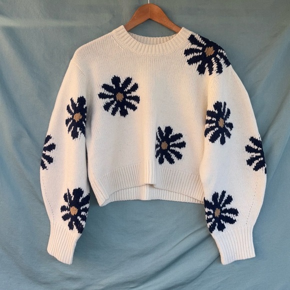 EUC Sandro Women Sweater Floral Jacquard Ivory Wool Blend Pullover Cropped Sz 2 - Picture 1 of 11